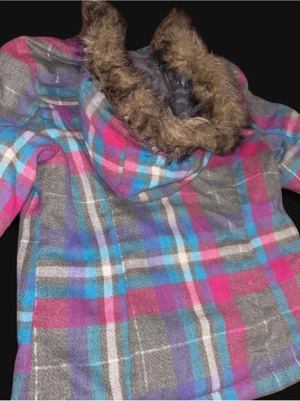 Y2K pink and grey plaid quilted jacket with faux fur hood